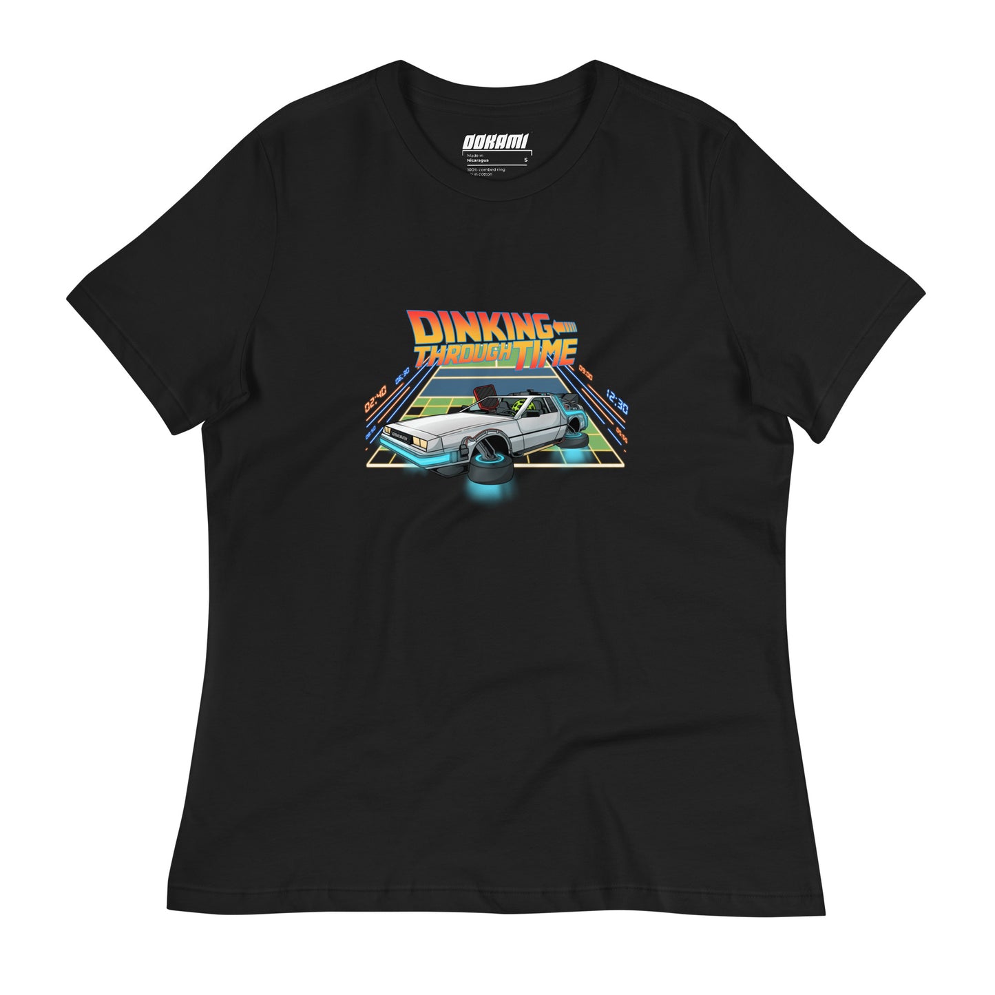 Front view of a black women's relaxed t-shirt featuring a vibrant 'Dinking Through Time' pickleball design inspired by time-traveling adventures.