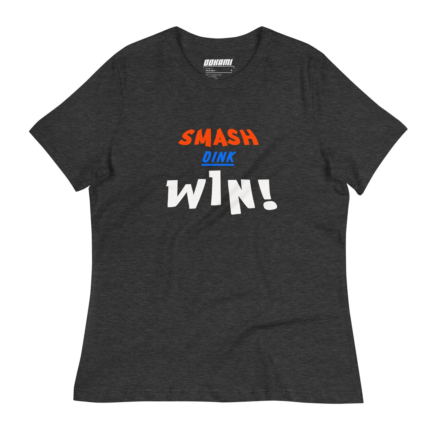 Front view of a dark grey heather Women's Relaxed T-Shirt with "Smash Dink Win" design.