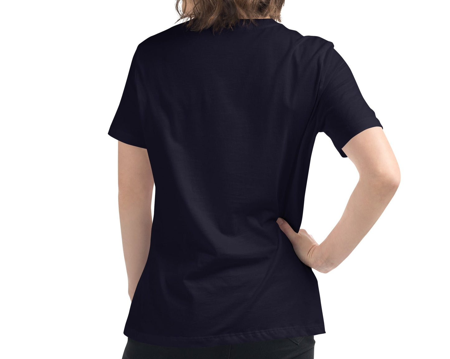 Back view of a navy women's relaxed t-shirt, showcasing the fit and style without the pickleball design.