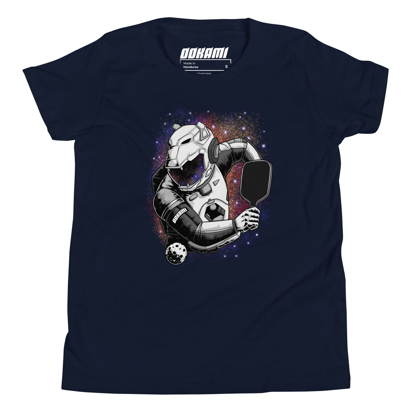 Youth navy t-shirt featuring the Galactic Shot design of a futuristic pickleball player in space.