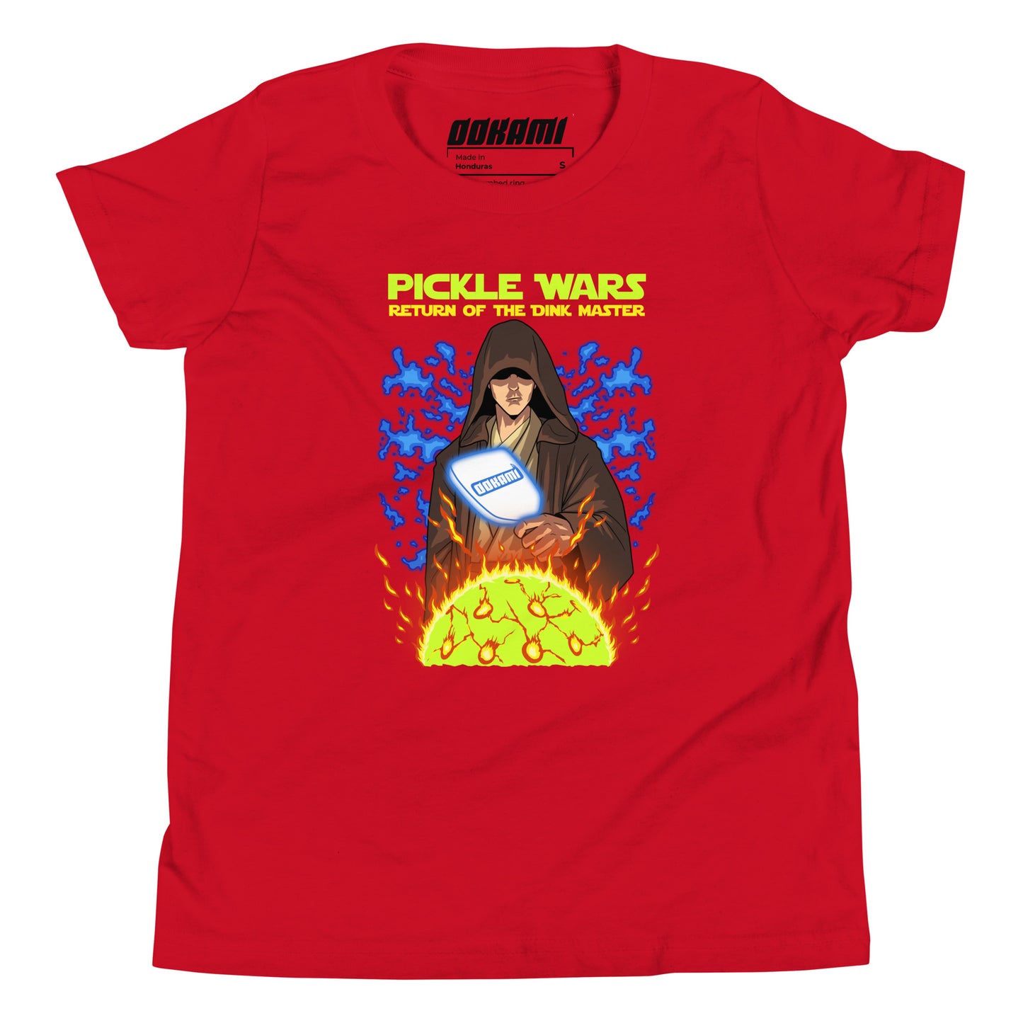 A youth red t-shirt featuring a powerful Jedi holding a paddle with the text "Pickle Wars Return of the Dink Master" in bright yellow above.