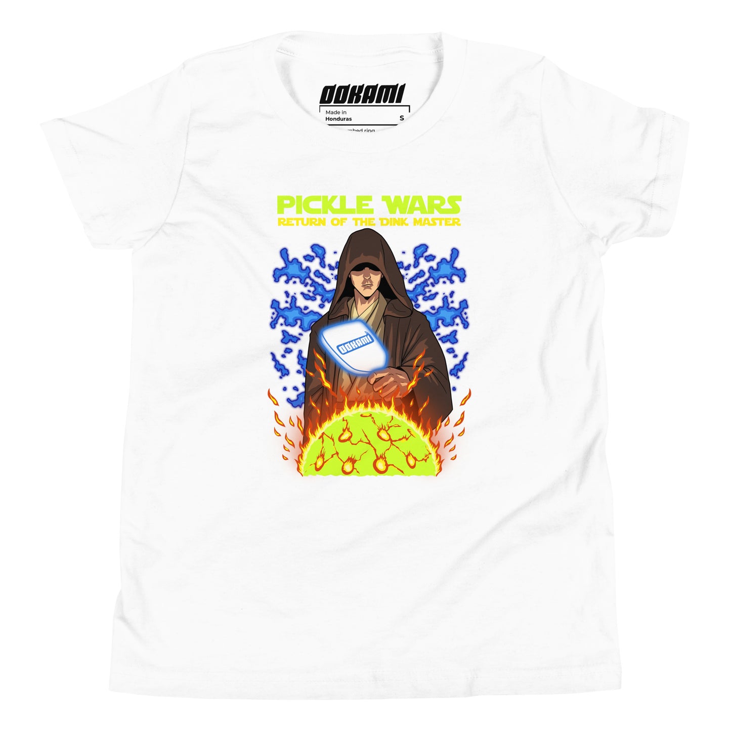 A youth white t-shirt featuring a powerful Jedi holding a paddle with the text "Pickle Wars Return of the Dink Master" in bright yellow above.