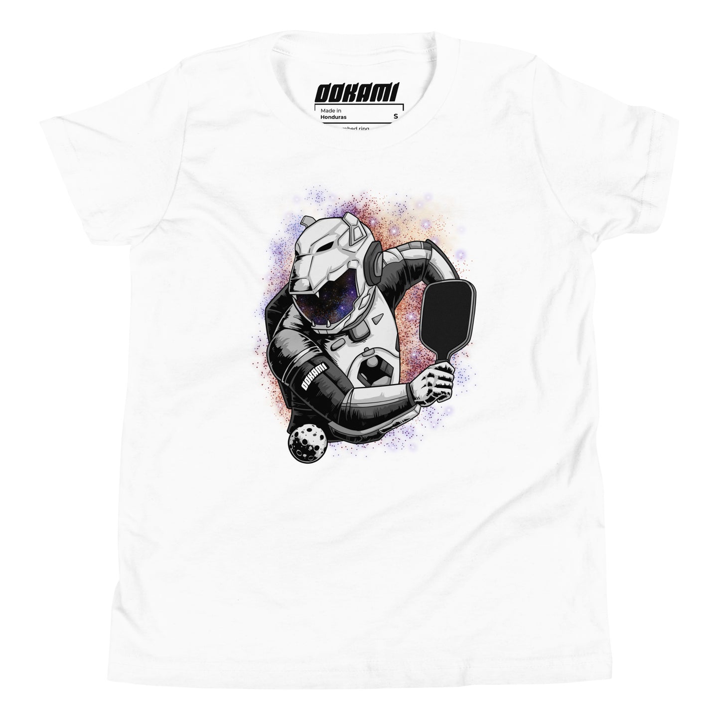 Youth white t-shirt with a graphic design of a space-themed pickleball player, called the Galactic Shot