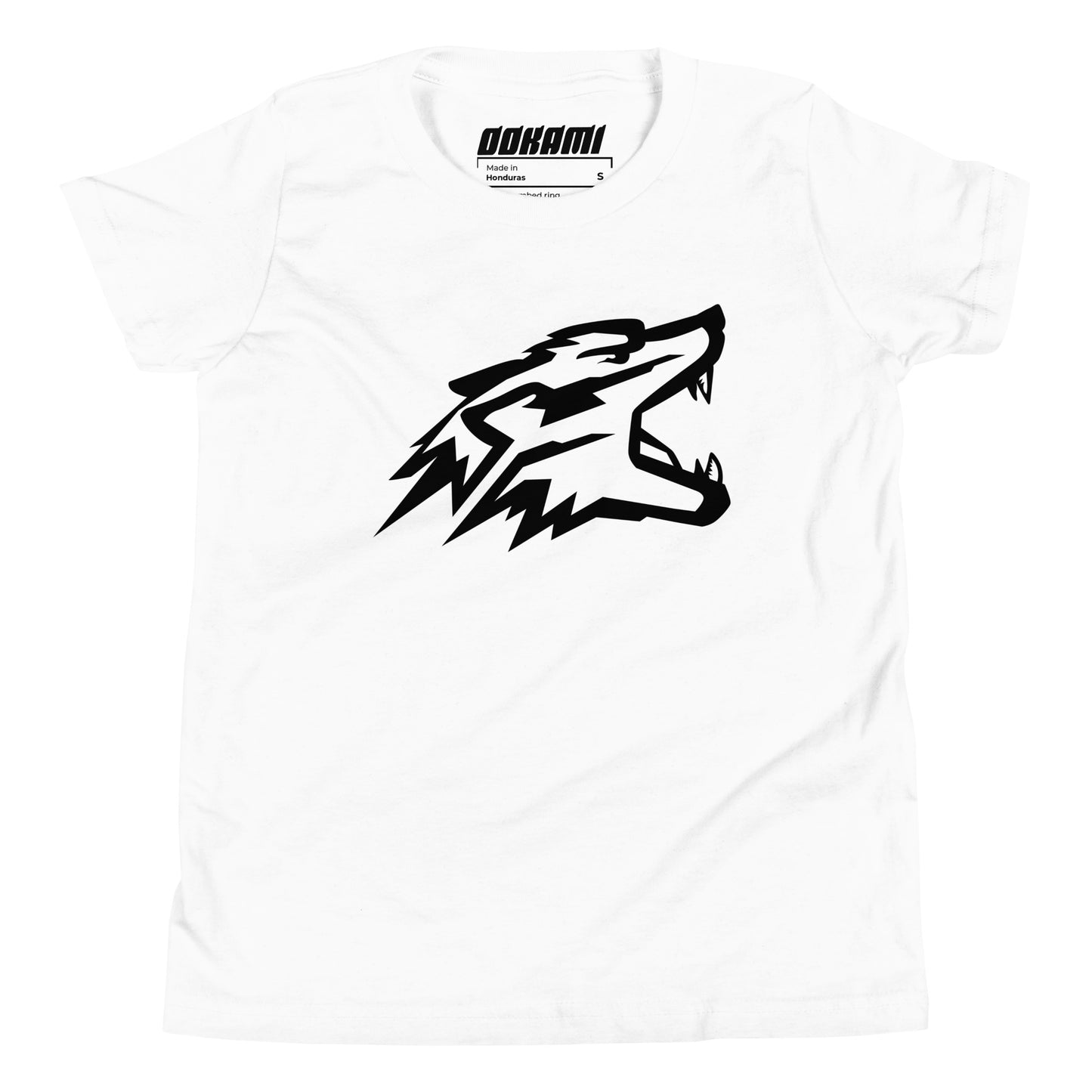 Front view of a white youth size pickleball t-shirt featuring a bold black wolf head design.
