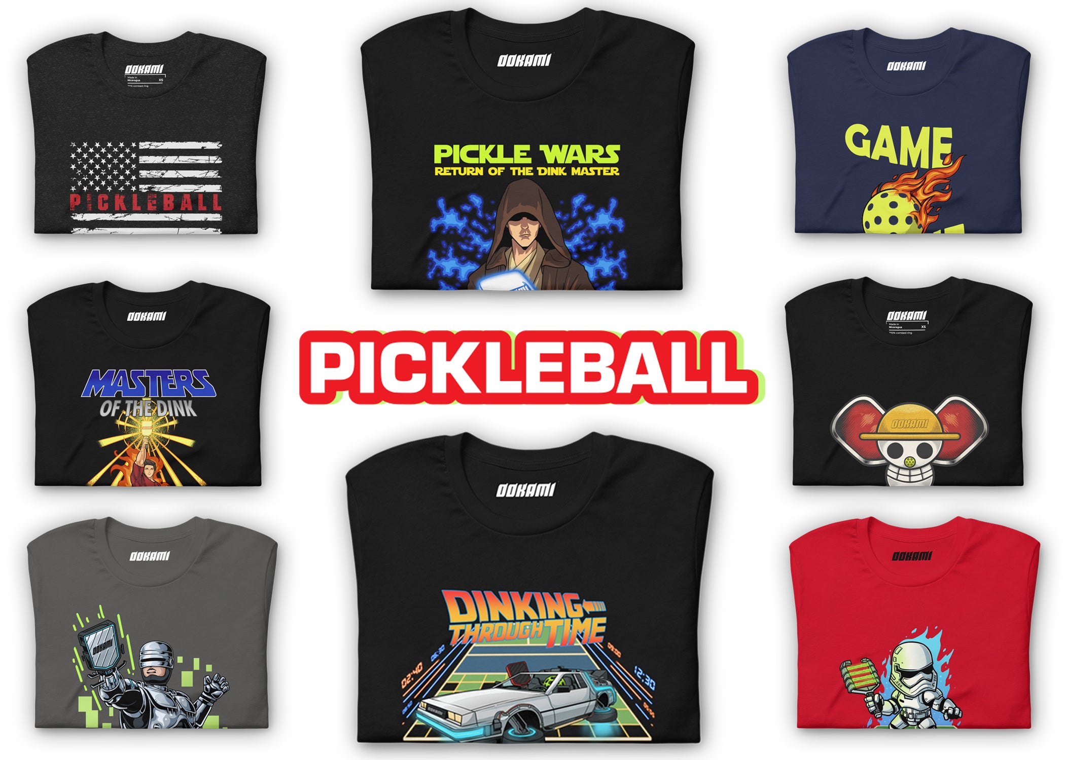 Collection of pickleball-themed graphic t-shirts by OOKAMI SPORTS featuring creative designs inspired by pop culture, including ‘Pickle Wars,’ ‘Masters of the Dink,’ and more. Perfect for pickleball players and fans looking for stylish pickleball apparel.