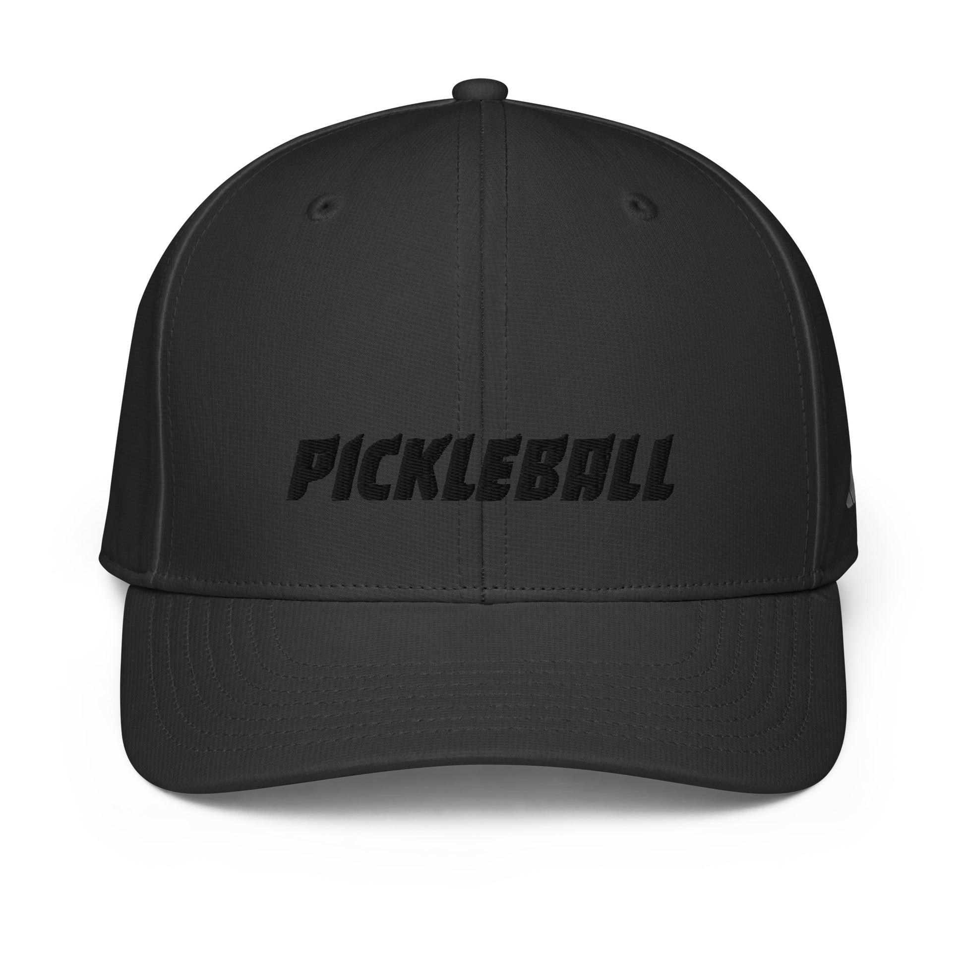 Front view of black Adidas® Pickleball Performance Cap with 'PICKLEBALL' embroidered in black