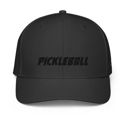 Front view of black Adidas® Pickleball Performance Cap with 'PICKLEBALL' embroidered in black