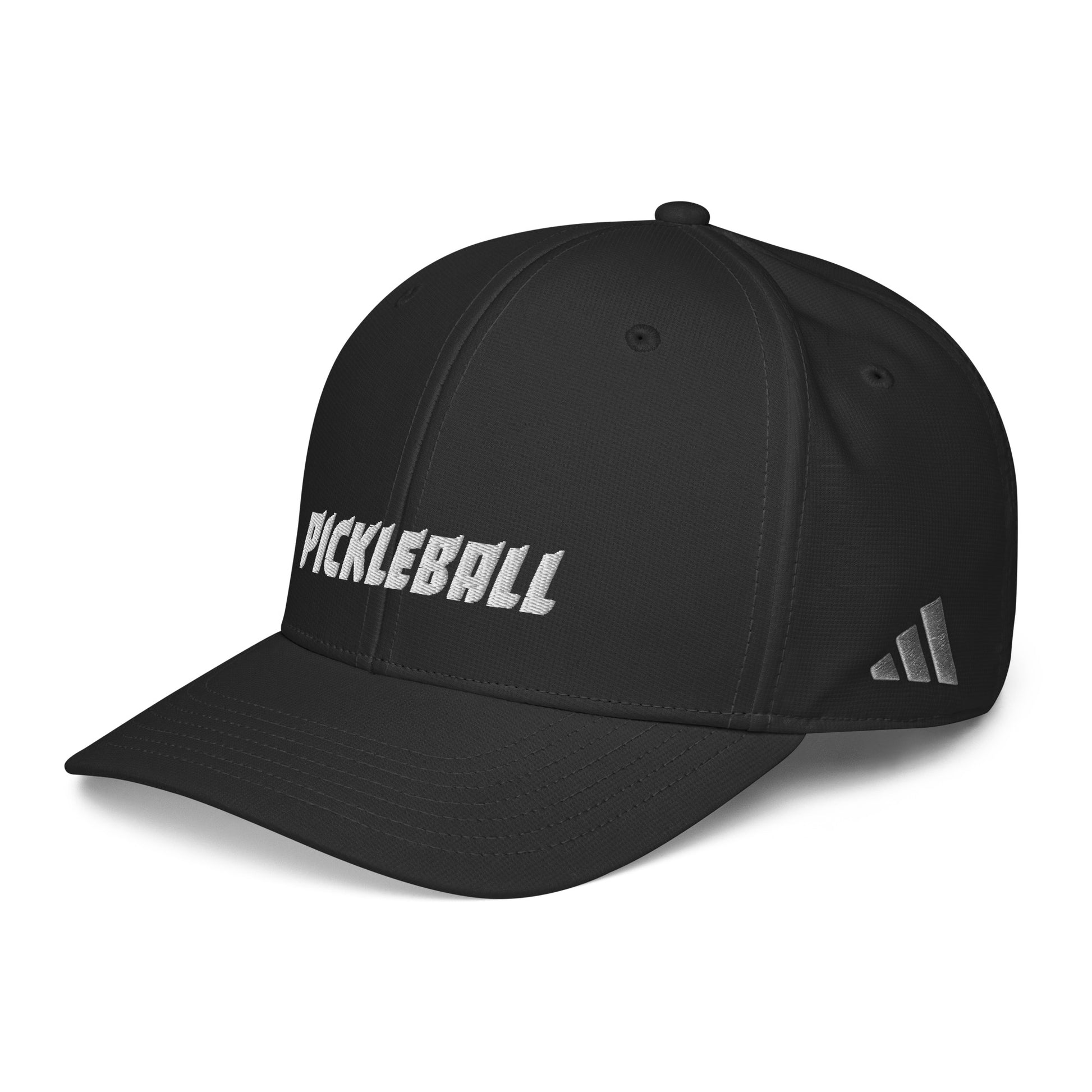 Side view of a black Adidas performance cap displaying the Adidas logo on the left side.