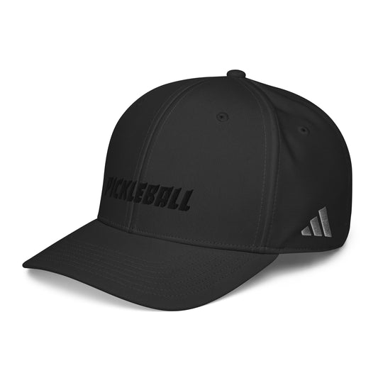 Left-front view of black Adidas® Pickleball Performance Cap with 'PICKLEBALL' embroidered in black