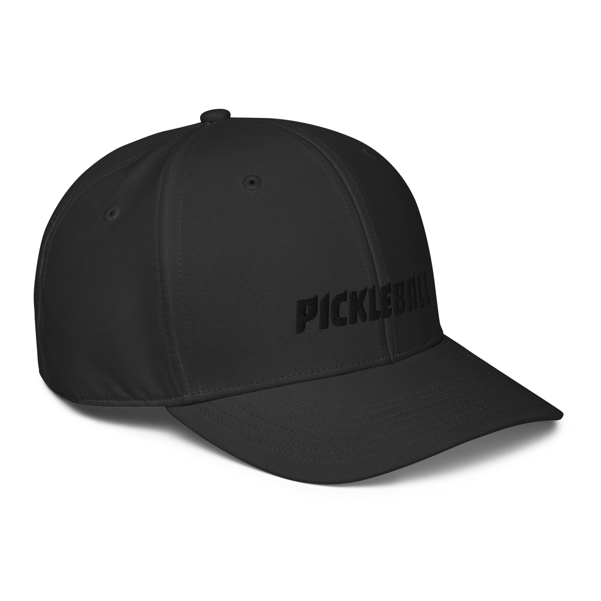 Front-right view of black Adidas® Pickleball Performance Cap with 'PICKLEBALL' embroidered in black