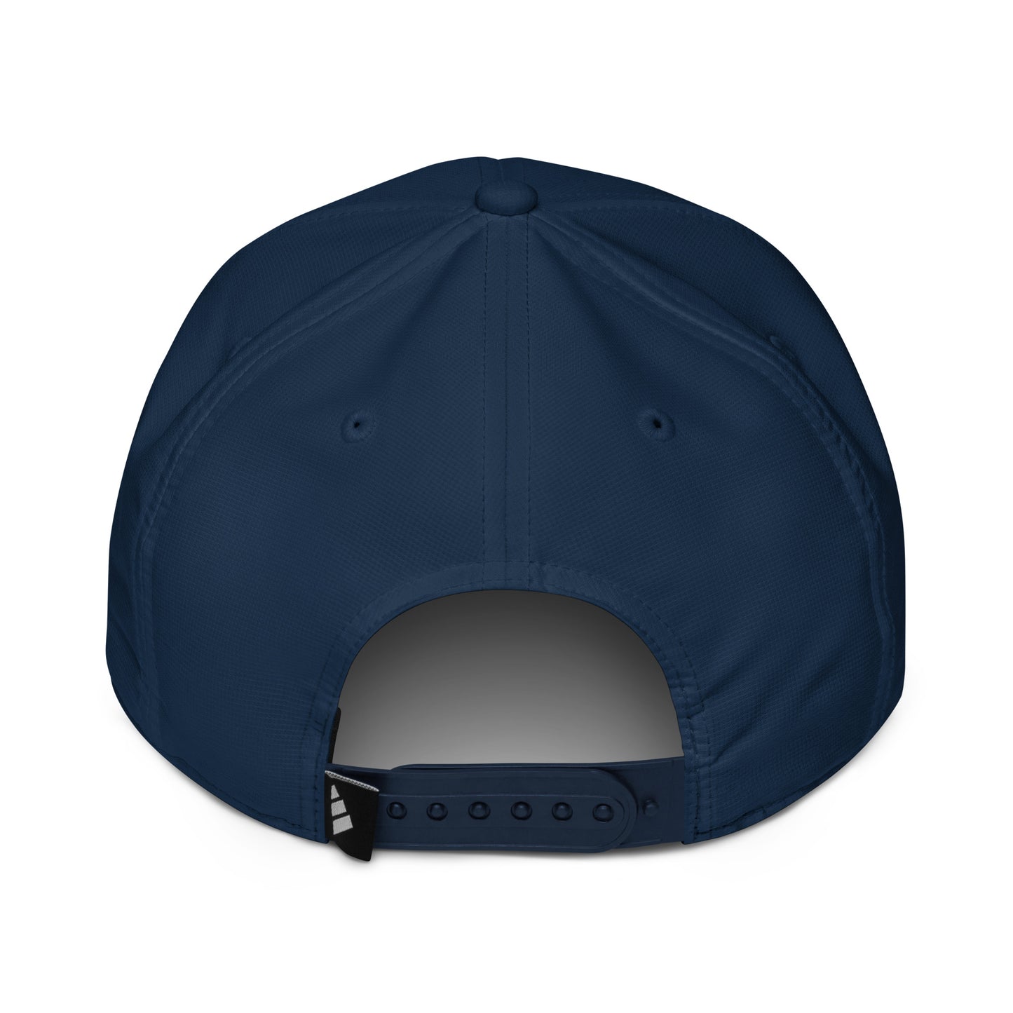 Back view of a navy Adidas performance cap with adjustable strap.