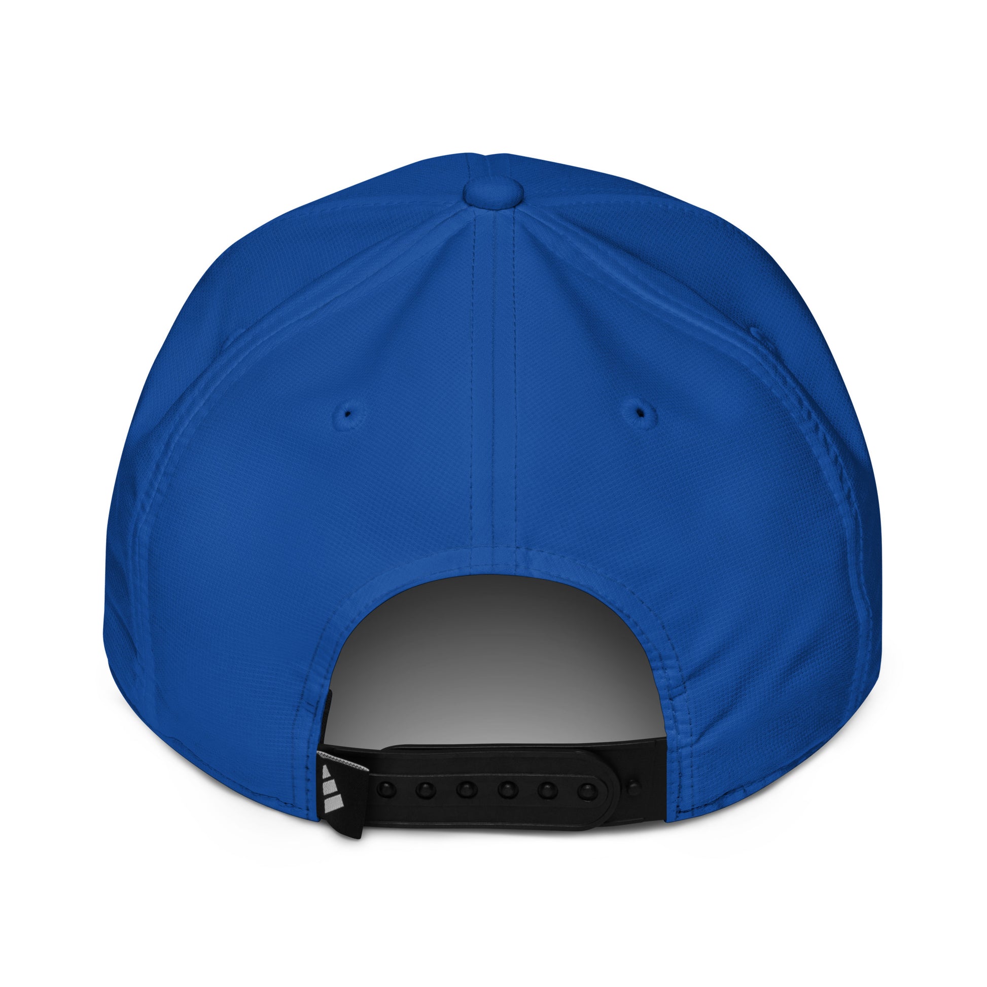 Back view of a blue Adidas performance cap with adjustable strap.