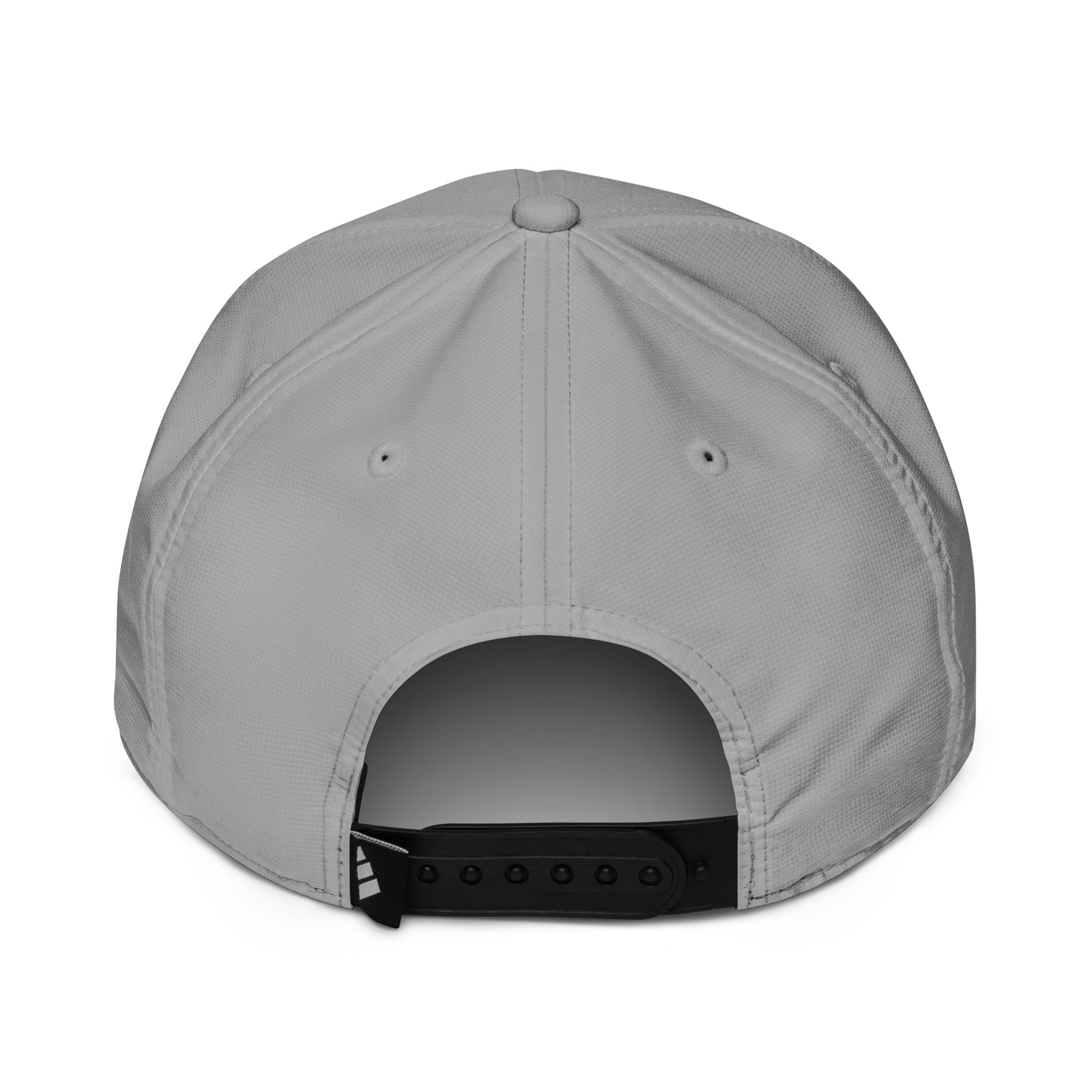 Rear view of a grey Adidas performance cap featuring adjustable strap and embroidered Adidas logo on the back.