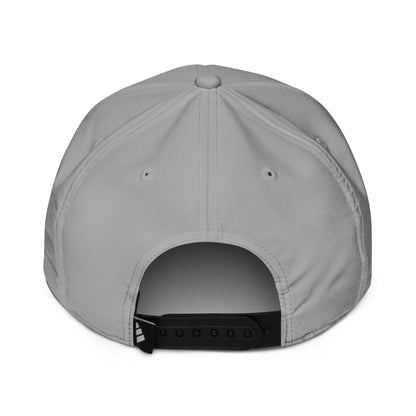 Rear view of a grey Adidas performance cap featuring adjustable strap and embroidered Adidas logo on the back.