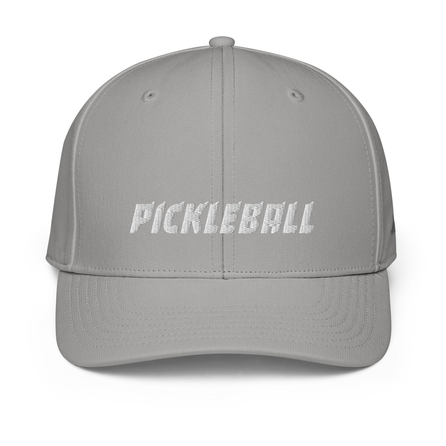 Frontal view of a grey Adidas performance cap with 'PICKLEBALL' text embroidered in white, demonstrating the cap's smooth and structured finish.
