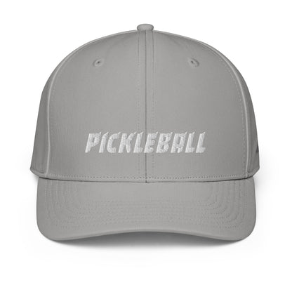 Frontal view of a grey Adidas performance cap with 'PICKLEBALL' text embroidered in white, demonstrating the cap's smooth and structured finish.