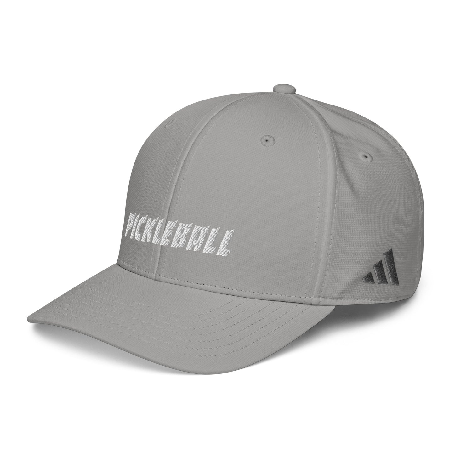 Grey Adidas performance cap with 'PICKLEBALL' embroidered in official OOKAMI STYLE on the front and Adidas stripes on the side.