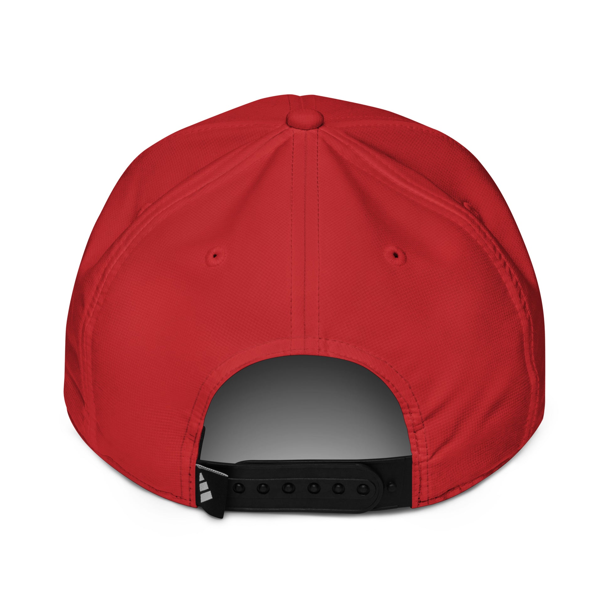 Rear view of a red Adidas performance cap, showcasing the adjustable back strap for a customized fit.