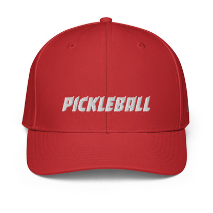 Front view of a red Adidas performance cap with white 'PICKLEBALL' embroidery, designed for sports and casual wear.