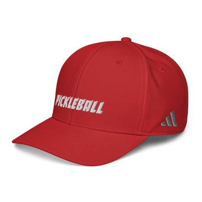 Red Adidas performance cap angled to show 'PICKLEBALL' embroidery in white on the front and Adidas logo on the side.