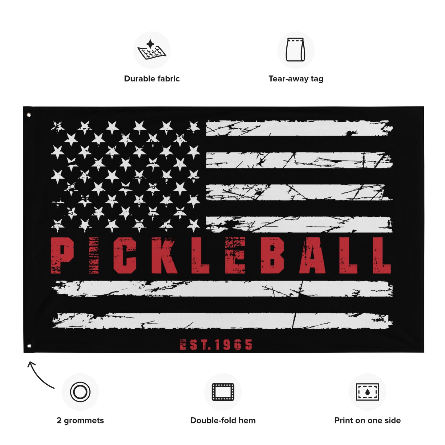 Patriotic Pickleball Flag with American flag design, including icons for durable fabric, tear-away tag, and grommets for hanging.