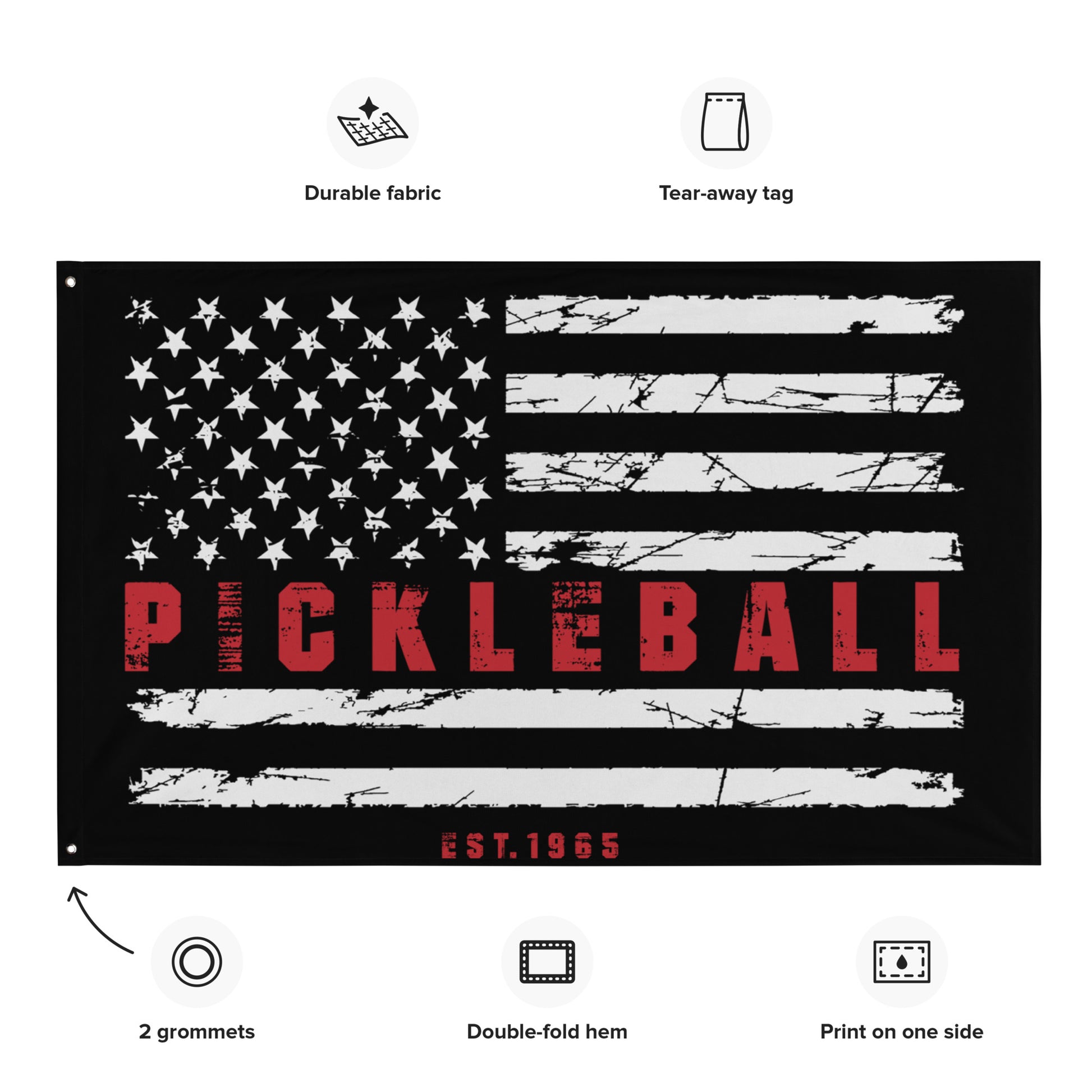  Patriotic Pickleball Flag with American flag design, including icons for durable fabric, tear-away tag, and grommets for hanging.