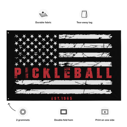 Patriotic Pickleball Flag with American flag design, including icons for durable fabric, tear-away tag, and grommets for hanging.