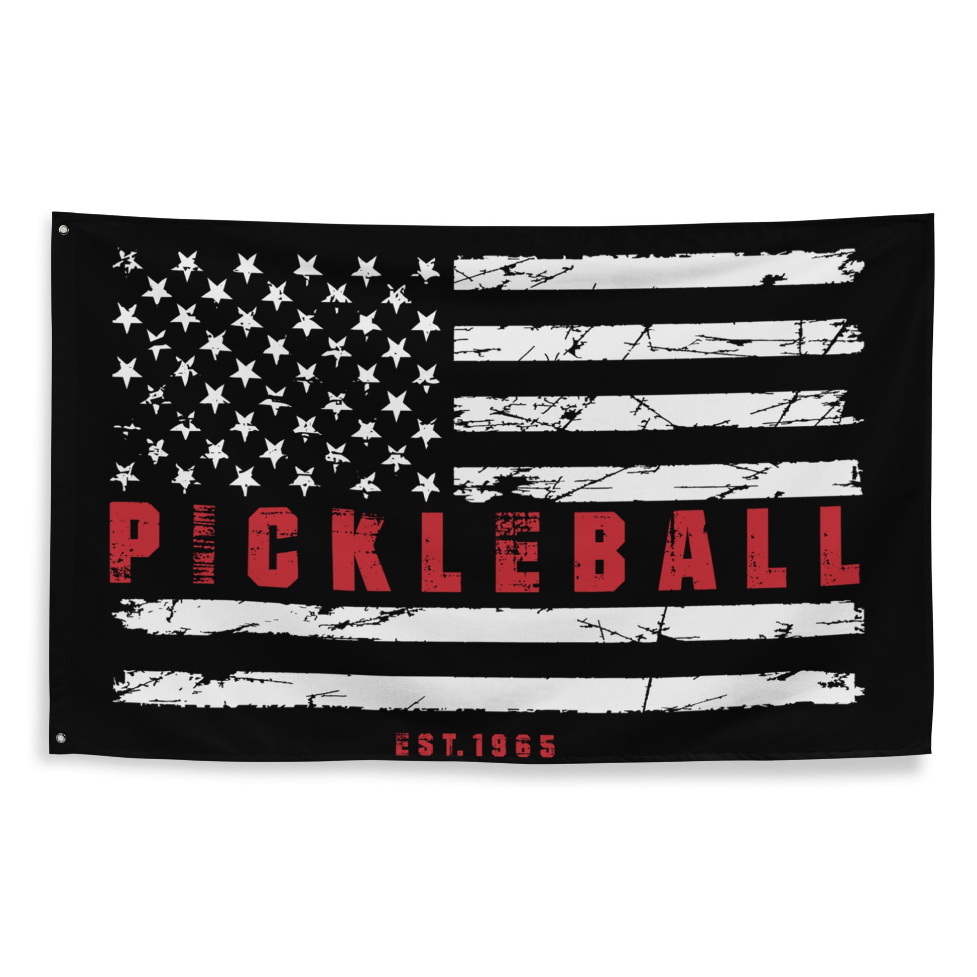 Patriotic Pickleball Flag with American flag design and distressed red "PICKLEBALL" lettering, displayed flat.