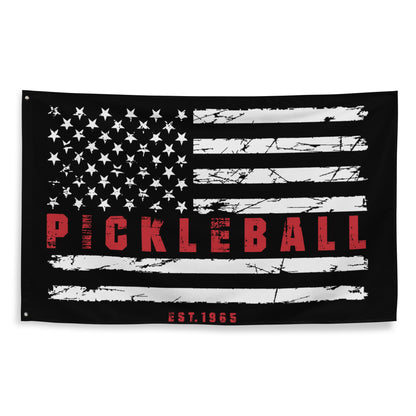 Patriotic Pickleball Flag with American flag design and distressed red "PICKLEBALL" lettering, displayed flat.