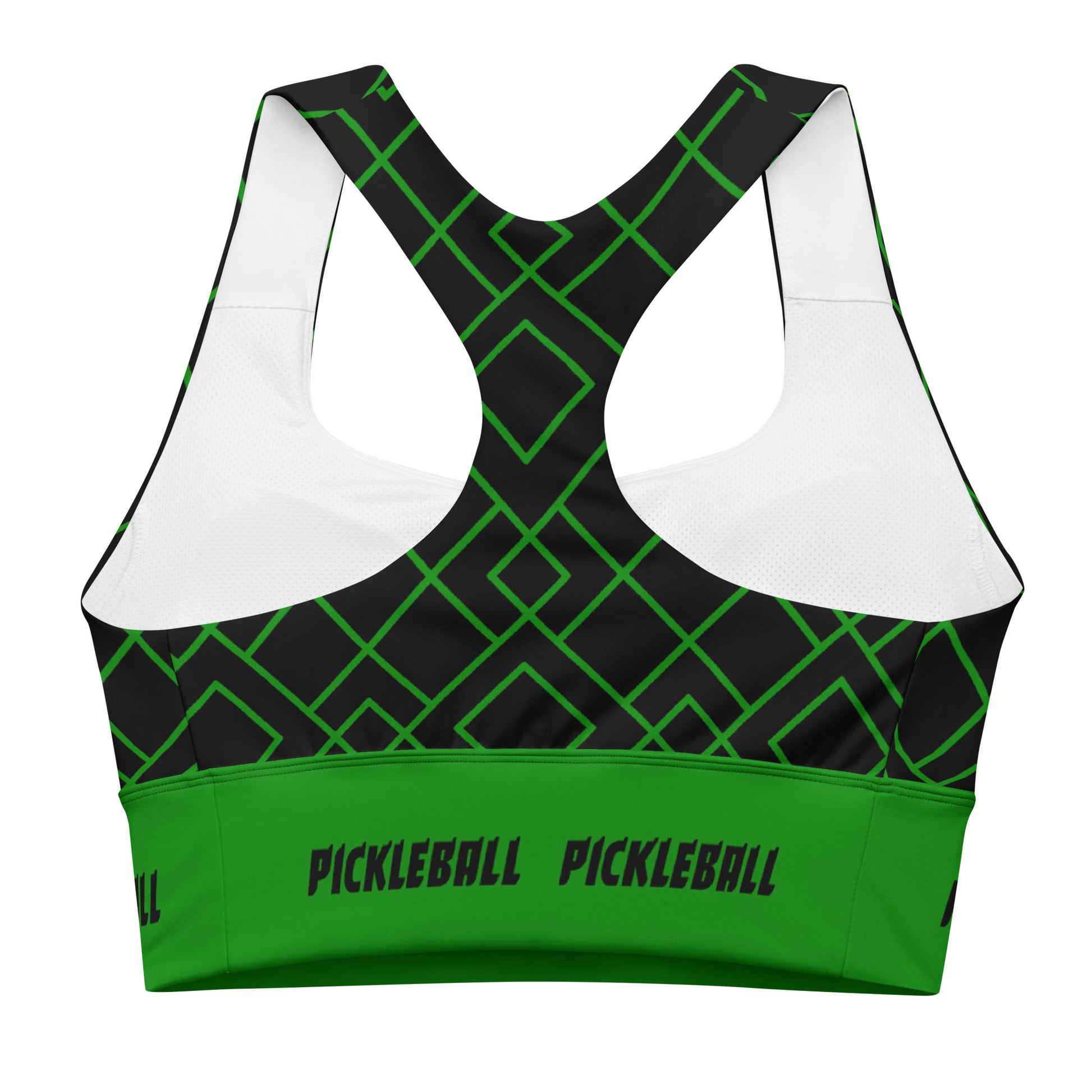 he back view of the Neon Grid Pickleball Longline Sports Bra highlighting the racerback design and the supportive structure. The bright green 'PICKLEBALL' branding along the wide elastic band under the bust stands out against the black and green geometric grid pattern.