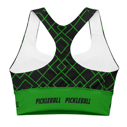 he back view of the Neon Grid Pickleball Longline Sports Bra highlighting the racerback design and the supportive structure. The bright green 'PICKLEBALL' branding along the wide elastic band under the bust stands out against the black and green geometric grid pattern.