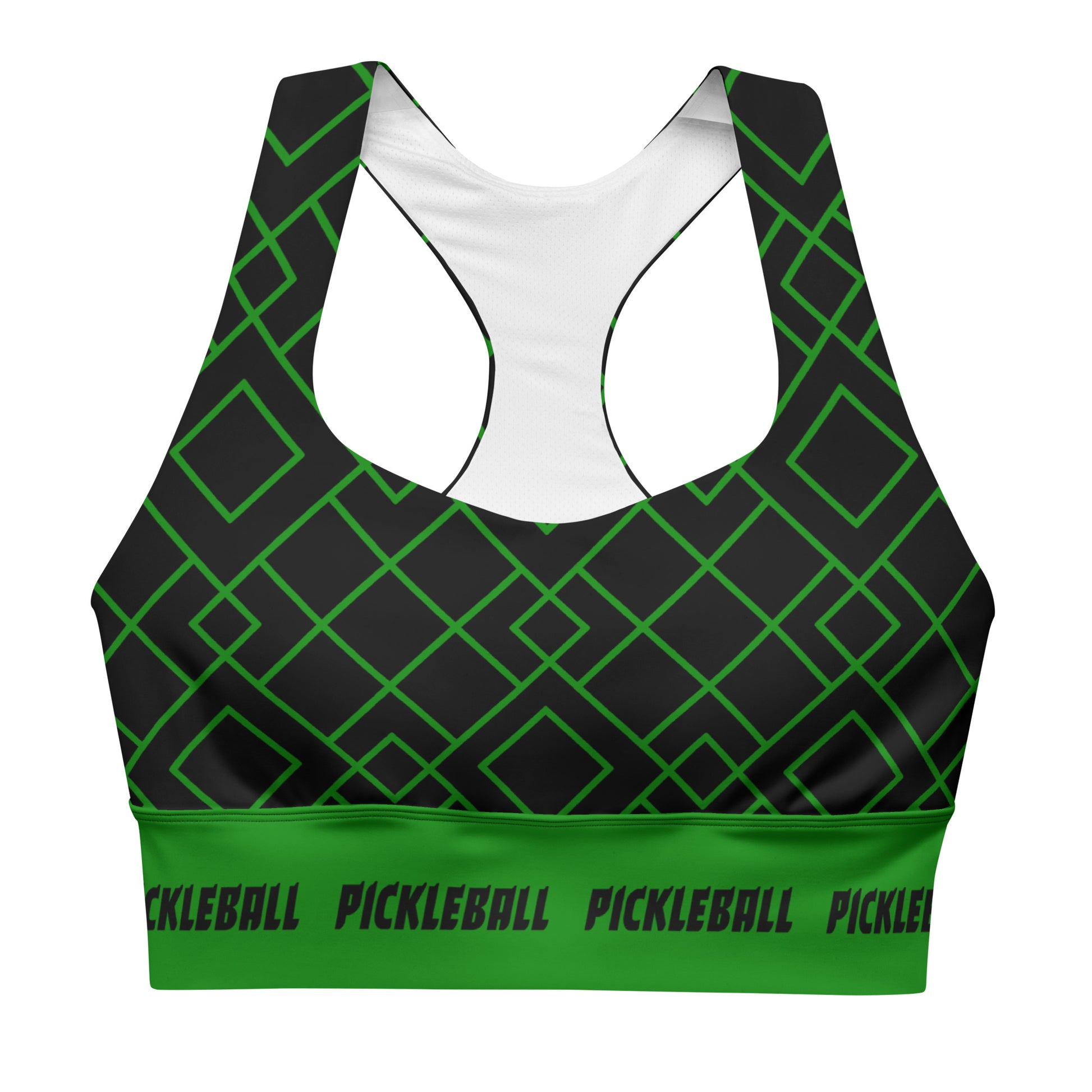 A front view of the Neon Grid Pickleball Longline Sports Bra showcasing its vibrant green and black geometric grid design. The bra features a high-compression fit, a scoop neckline, and is non-see-through with double-layered front for extra support.