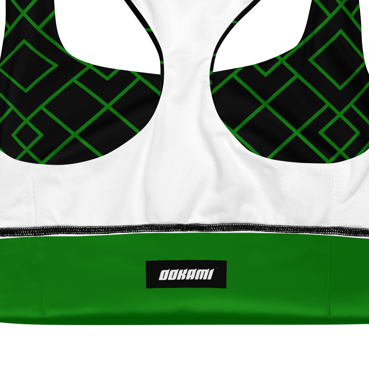 An inside view of the Neon Grid Pickleball Longline Sports Bra showing the sports mesh lining that is white, offering moisture-wicking properties. The openings for removable padding and the double-layered front are visible, ensuring non-see-through coverage and comfort.