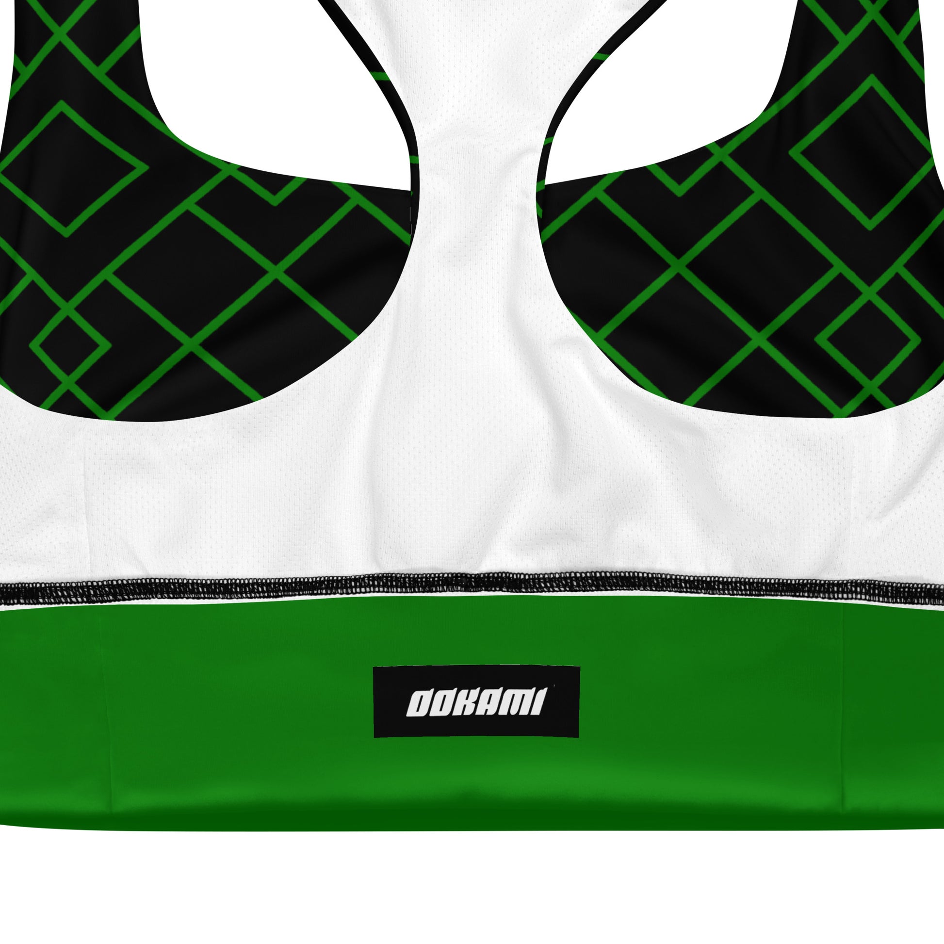 An inside view of the Neon Grid Pickleball Longline Sports Bra showing the sports mesh lining that is white, offering moisture-wicking properties. The openings for removable padding and the double-layered front are visible, ensuring non-see-through coverage and comfort.
