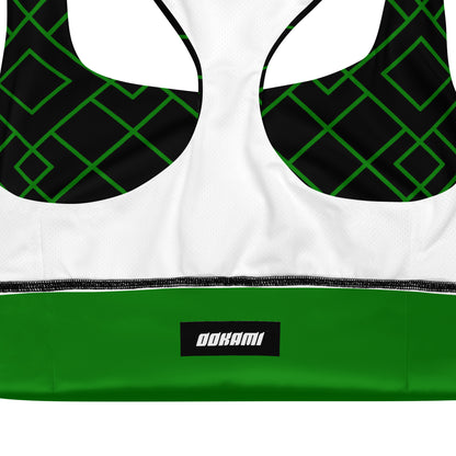 An inside view of the Neon Grid Pickleball Longline Sports Bra showing the sports mesh lining that is white, offering moisture-wicking properties. The openings for removable padding and the double-layered front are visible, ensuring non-see-through coverage and comfort.