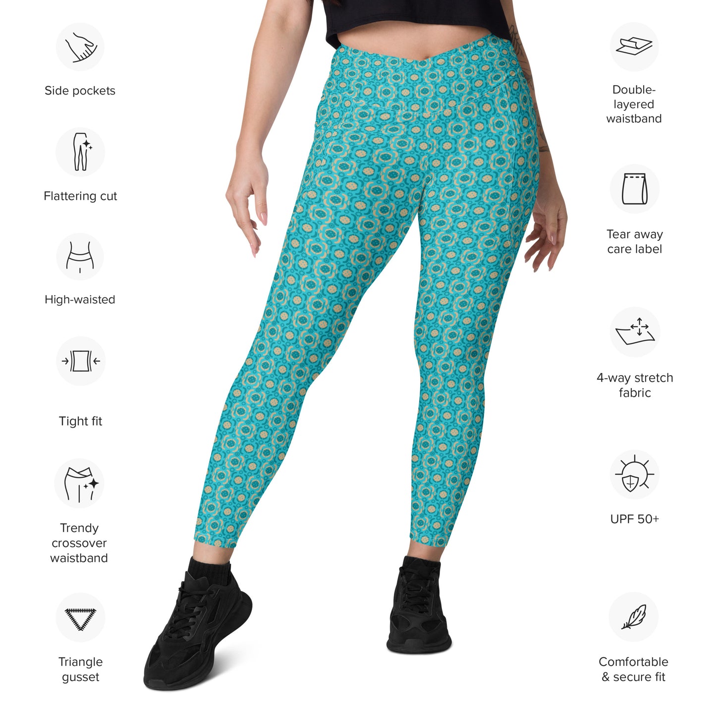 High-waisted leggings in a turquoise geometric print with side pockets, showcasing features like a flattering cut, 4-way stretch fabric, and UPF 50+ protection. Ideal for pickleball enthusiasts. 