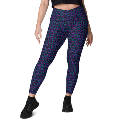  Front view of high-waisted pickleball leggings featuring a striking purple and blue geometric print. These leggings are designed for both style and comfort, making them perfect for pickleball games and everyday activities. 