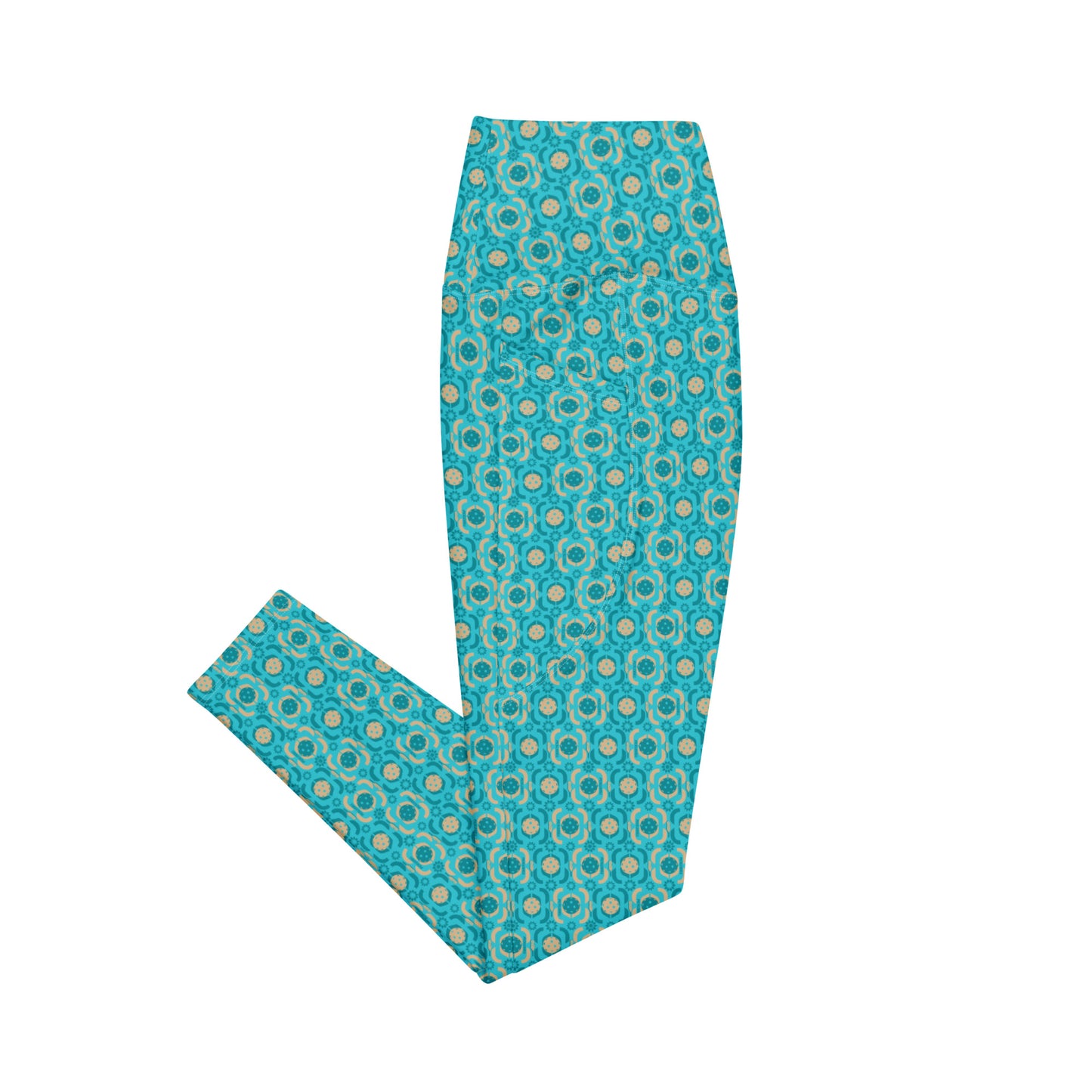 Other side view of turquoise pickleball leggings, focusing on the seamless design and stretch fabric that offers flexibility and comfort during play.