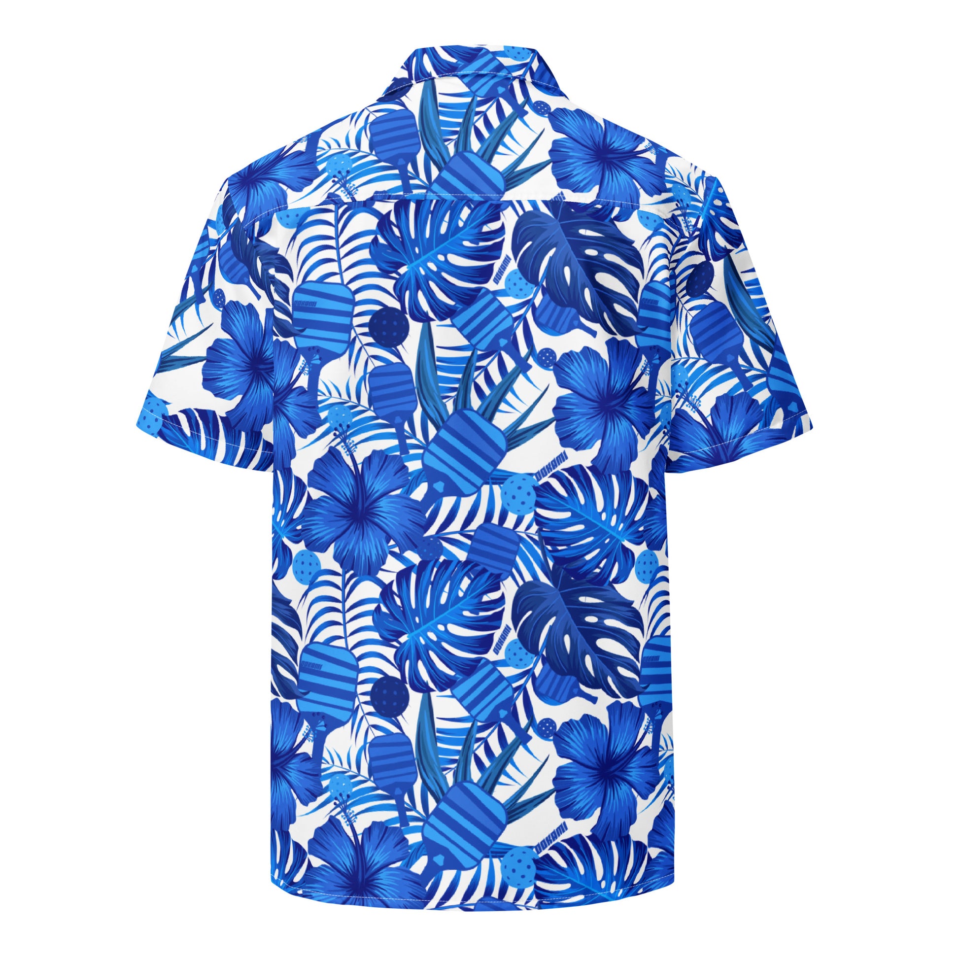 Back view of the Tropical Blue Botanical Pickleball Lovers Oversized Button-Up Shirt, displaying the full pattern of blue hibiscus flowers, tropical leaves, and subtle pickleball paddles and balls.