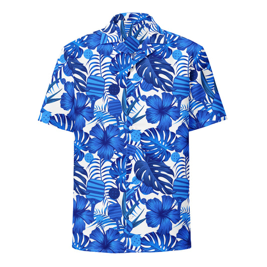 Front view of the Tropical Blue Botanical Pickleball Lovers Oversized Button-Up Shirt, featuring the striking blue hibiscus flowers, tropical leaves, and integrated pickleball paddles and balls pattern.