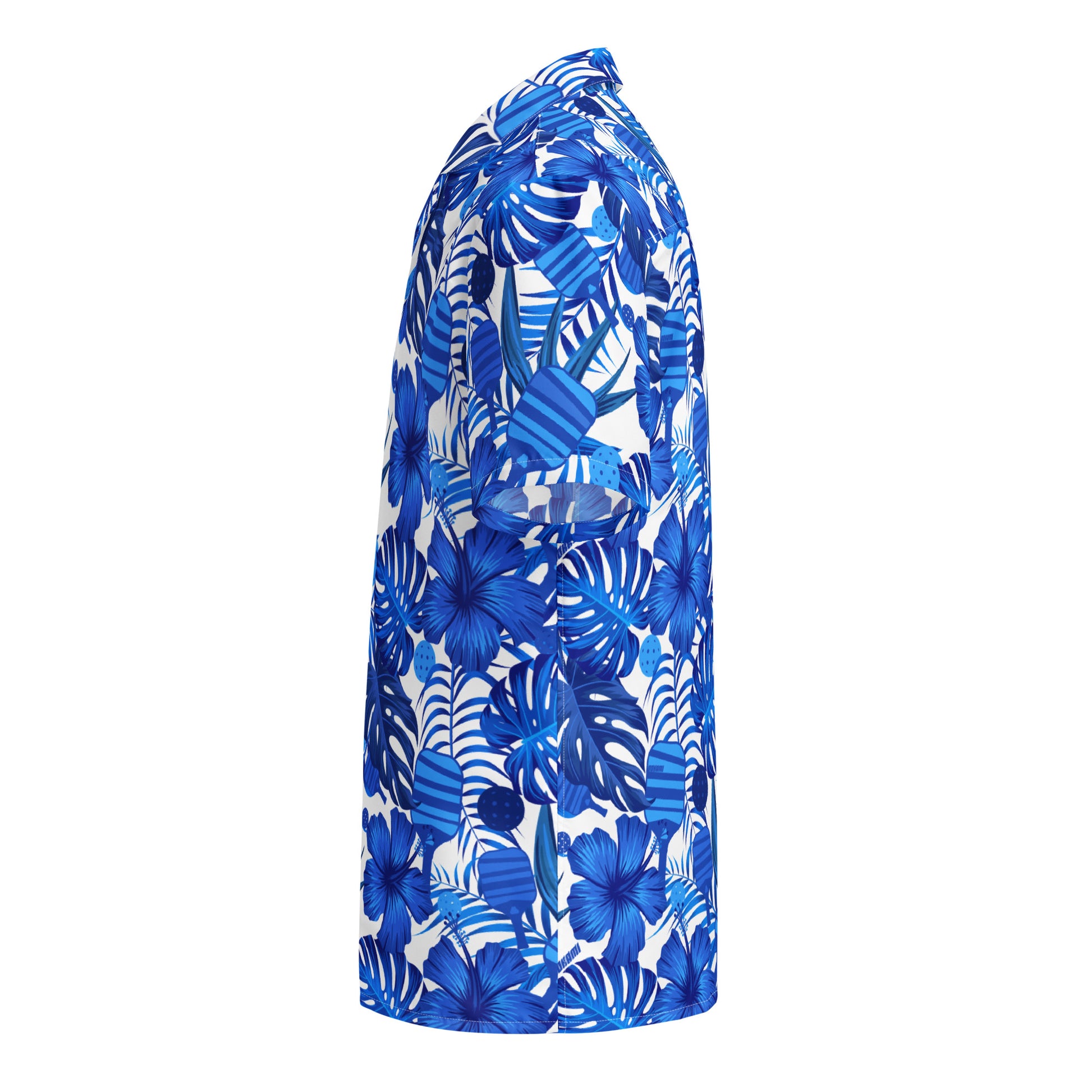Left side view of the Tropical Blue Botanical Pickleball Lovers Oversized Button-Up Shirt, showcasing the vibrant blue hibiscus flowers, tropical leaves, and hidden pickleball paddles and balls pattern.