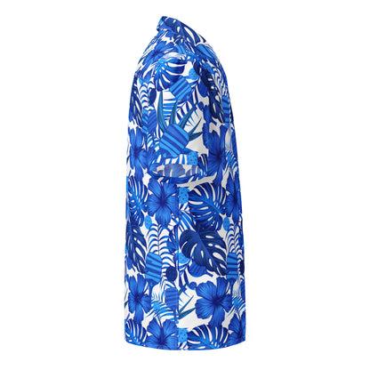 Right side view of the Tropical Blue Botanical Pickleball Lovers Oversized Button-Up Shirt, highlighting the detailed blue hibiscus flowers, tropical leaves, and concealed pickleball paddles and balls print.
