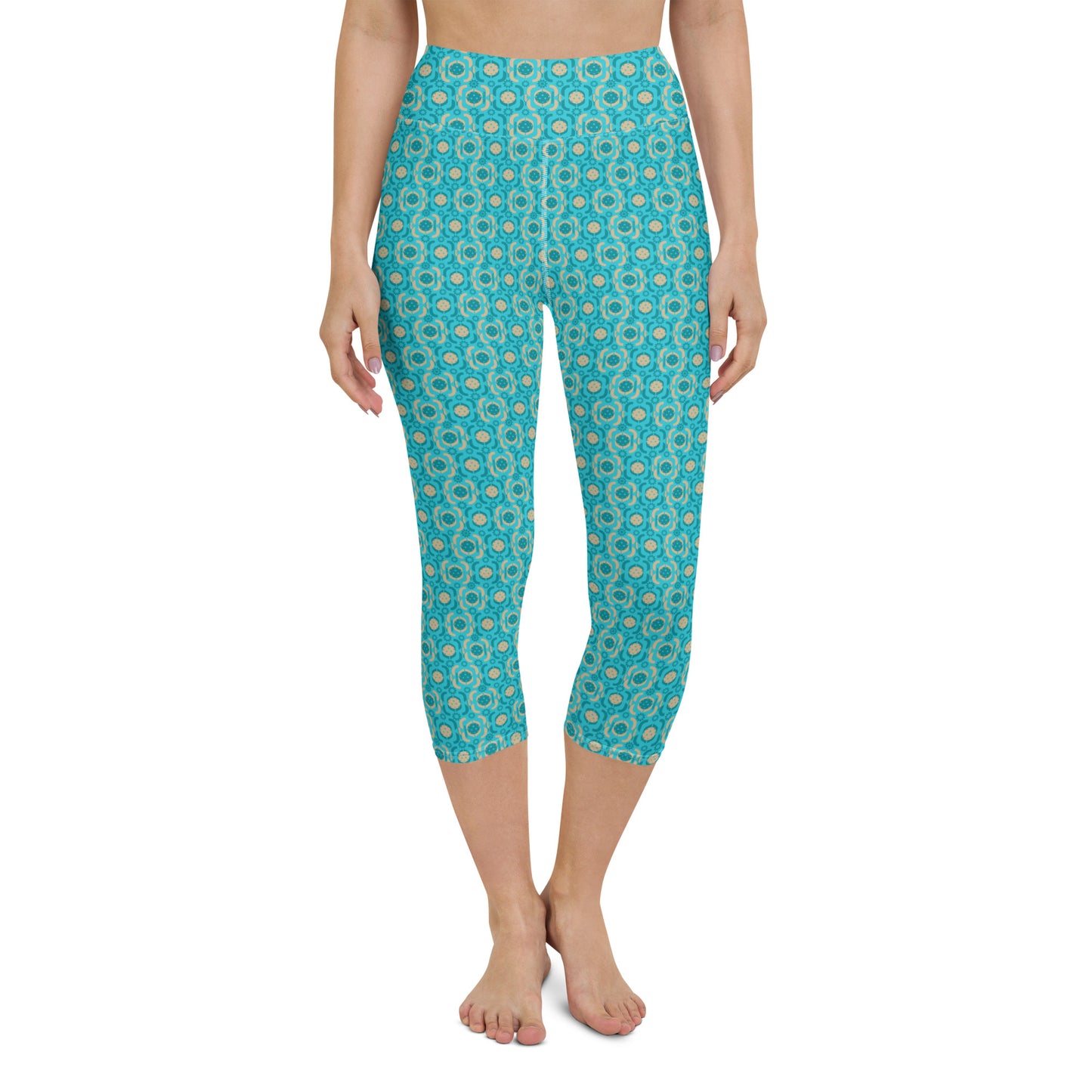 Front view of a model in Turquoise Tranquility Yoga Capri Leggings, showing the high-waist design and seamless fit, perfect for athletic pursuits or leisure.