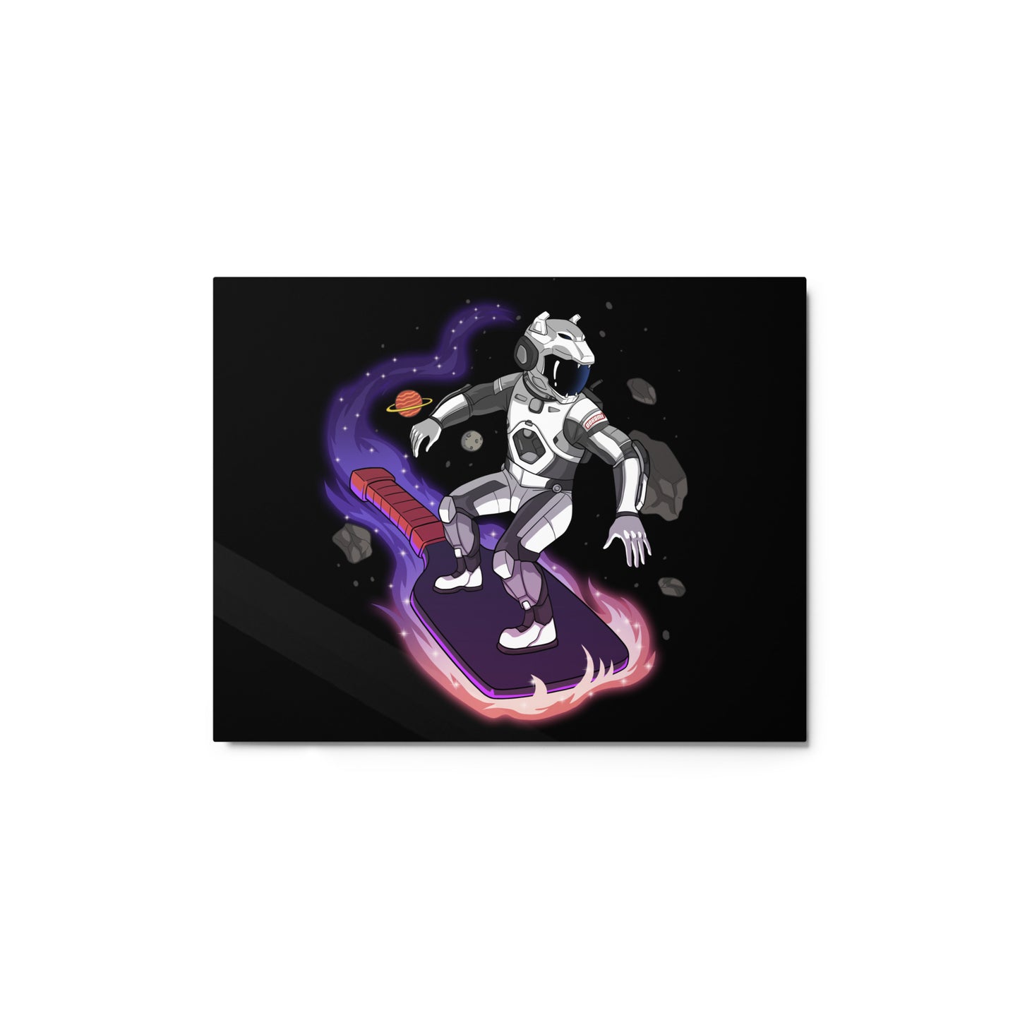 Medium-sized glossy metal print with a futuristic astronaut surfing on a pickleball paddle through space, 11x14 size.