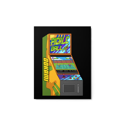 Glossy metal print featuring a vibrant pickleball arcade machine design, 11x14 inches.