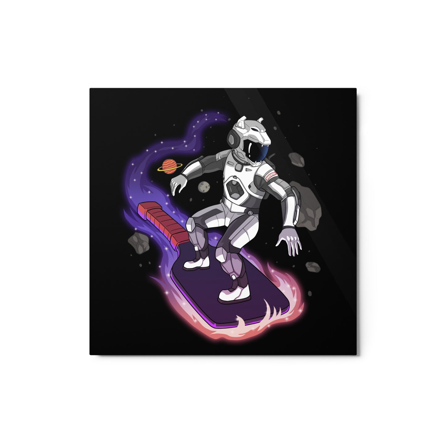  Square glossy metal print depicting an astronaut surfing on a pickleball paddle in space, 12x12 size