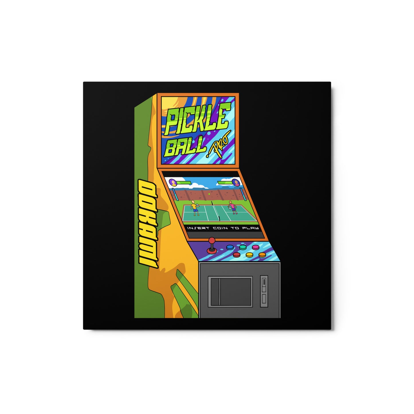 Glossy metal print featuring a vibrant pickleball arcade machine design, 12x12 inches.