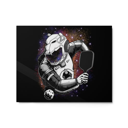 Glossy metal print featuring a futuristic pickleball warrior in a cosmic background, size 16x20 inches.