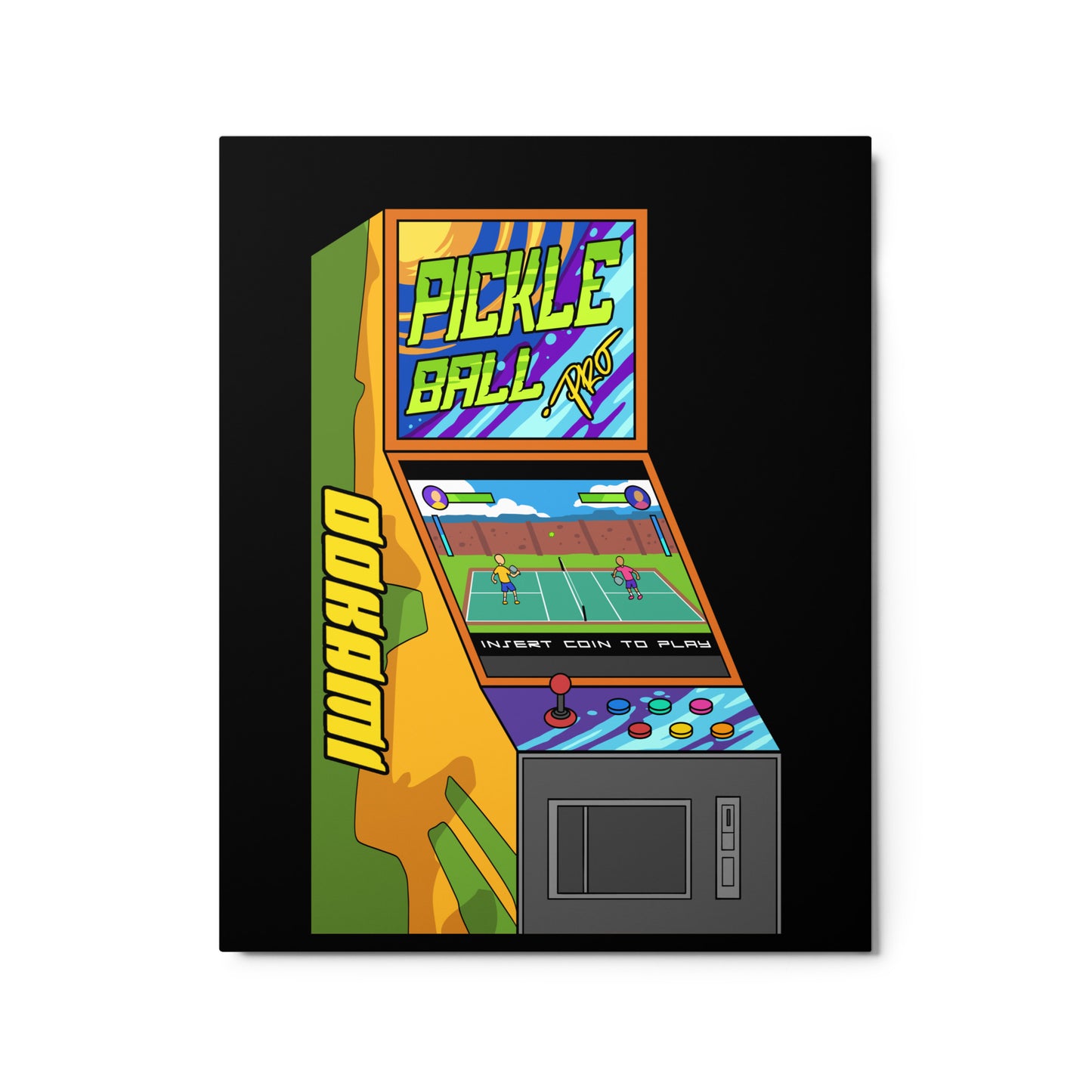 Glossy metal print featuring a vibrant pickleball arcade machine design, 16x20 inches.