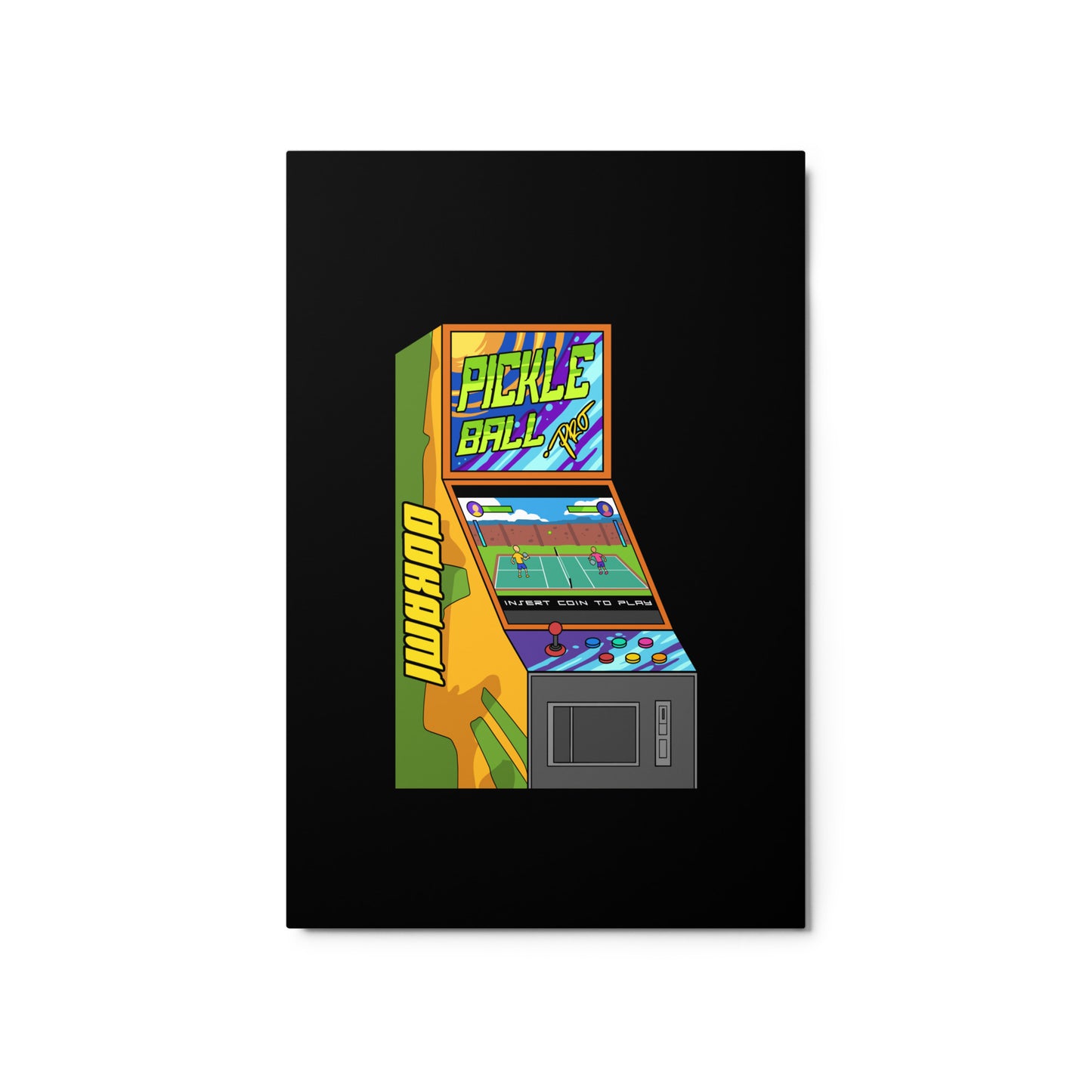 Glossy metal print featuring a vibrant pickleball arcade machine design, 20x30 inches.